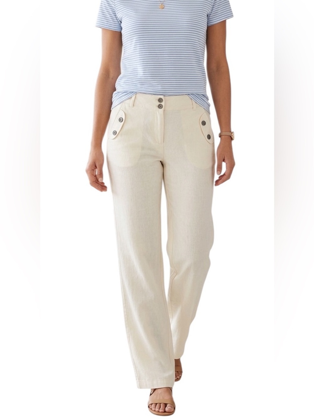 Venus Sailor Wide Leg Linen Blend Ivory/Cream Pants Lagenlook Nautical Sz 4